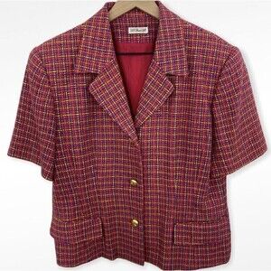 Doncaster Silks Womans Button Up Silk Tweed Blazer Lined Pink Sz 14 Short Sleeve